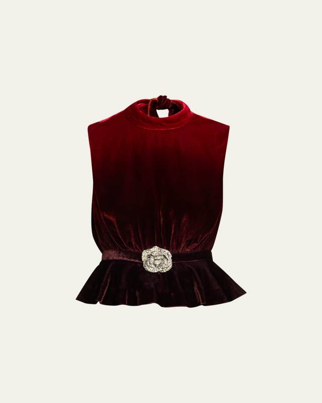 Fleur Belted High-Neck Velvet Top